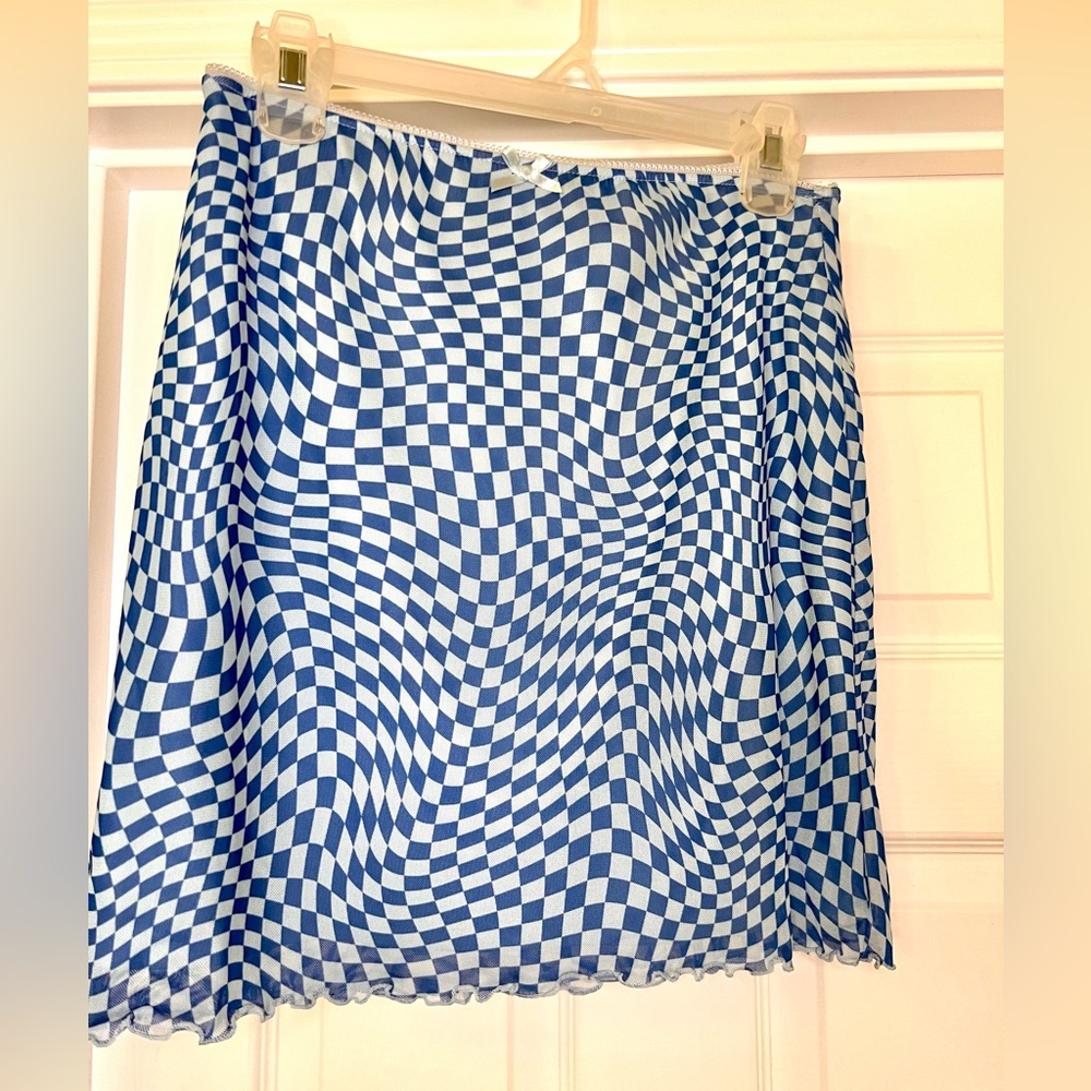 Blue Checker Pattern Mini Skirt; Psychedelic Wavy Print - Retro Disco Festival